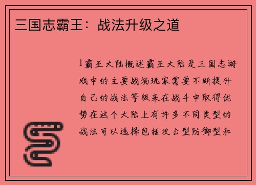 三国志霸王：战法升级之道